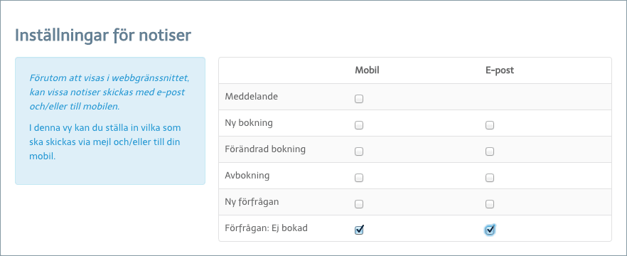 Välj att få en notis när du inte bokats på ett pass.
