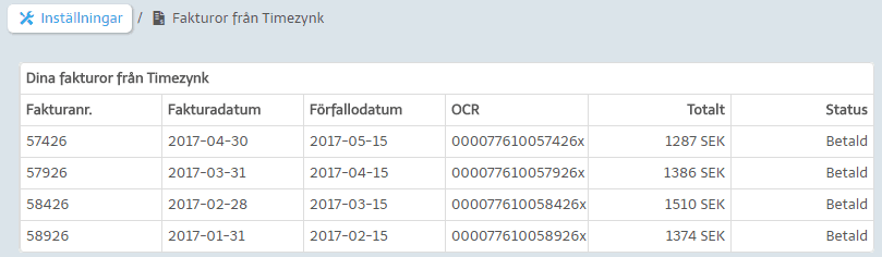 fakturor i timezynk