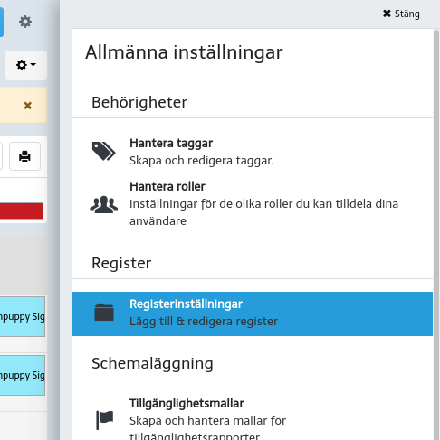 Personlig meny överst på sidan