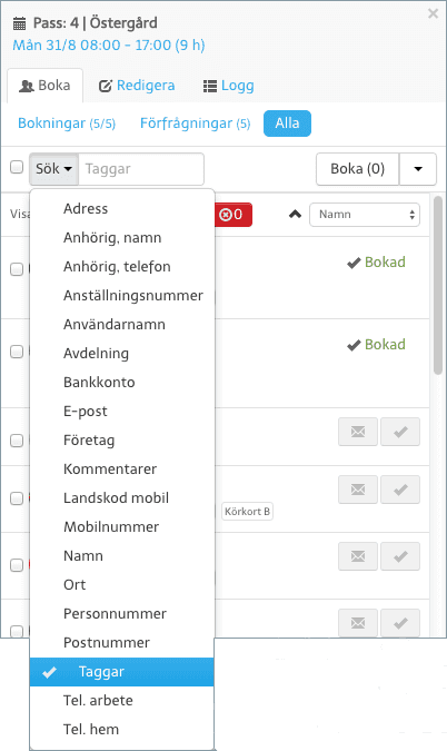 Filtrera användarlistan i passet efter bland annat taggar.