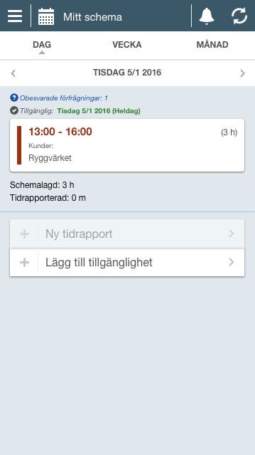 Startsidan med dagens arbetspass.