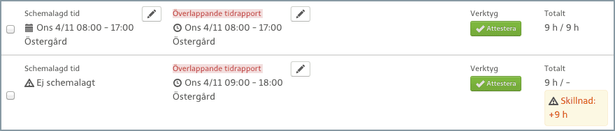 Systemet varnar för överlappande tidrapporter.