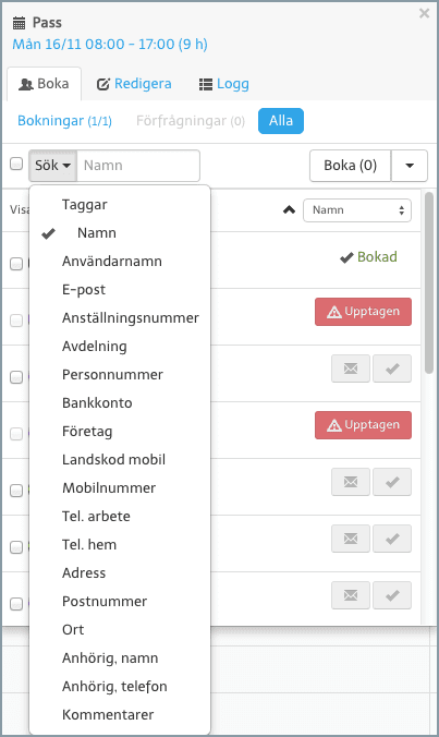 Sök uppgifter om anställda i bokningsrutan.