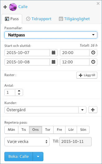 Du kan skapa passmallar som sträcker sig över flera dygn.