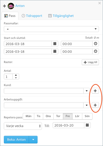 Med plustecknen kan du lägga till poster i dina register, direkt ifrån bokningsrutan.
